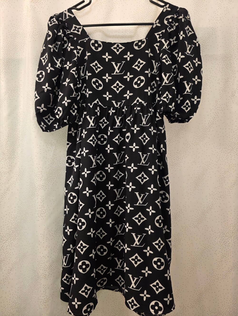 Black Puff-Sleeve Square-Neck Dress with White Monogram Print